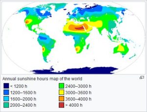 Annual sunshine hours map of the world 